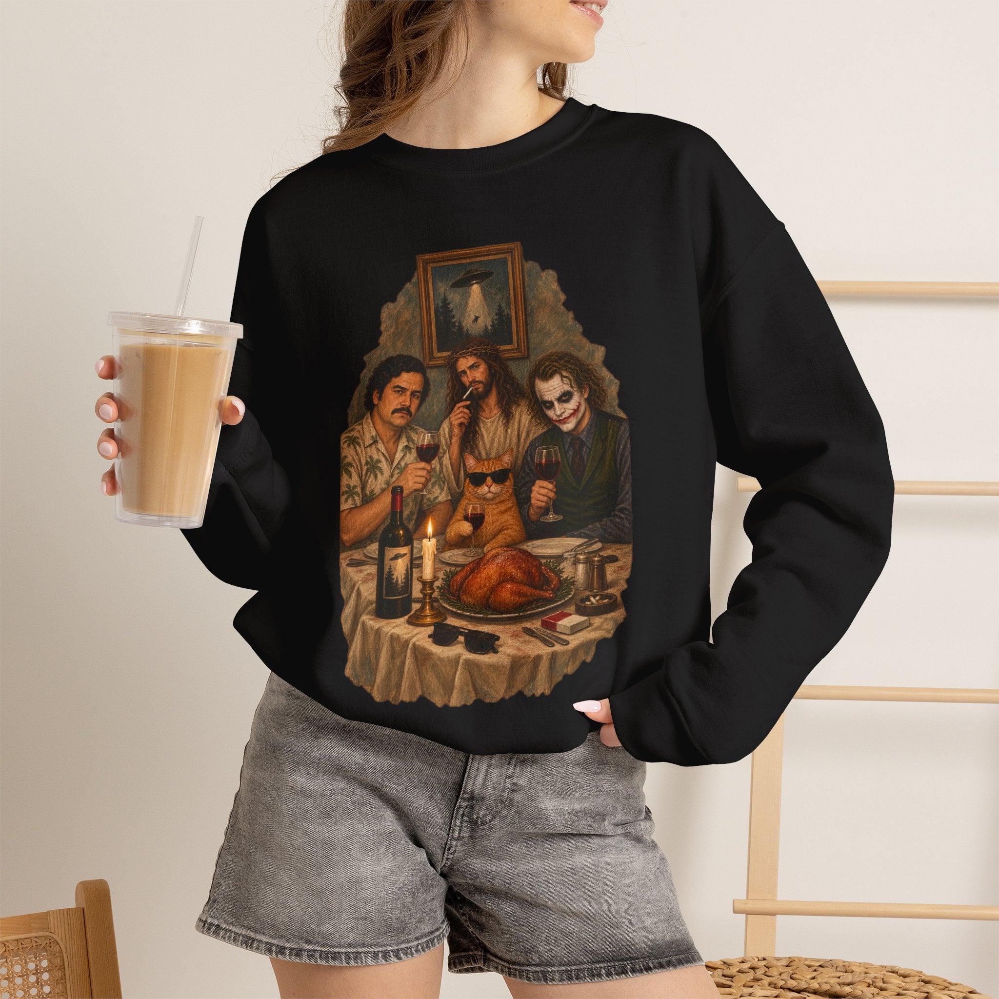 Crewneck Sweatshirt — Vintage Movie Villains Thanksgiving Dinner Graphic