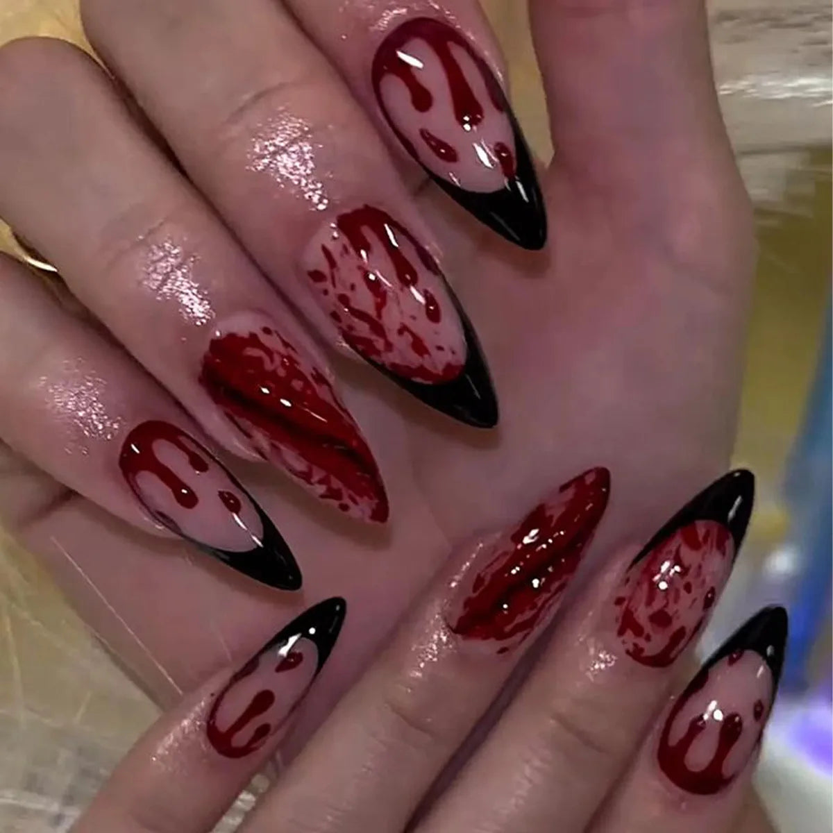 24Pcs Halloween Press on Nails Red Blood Design