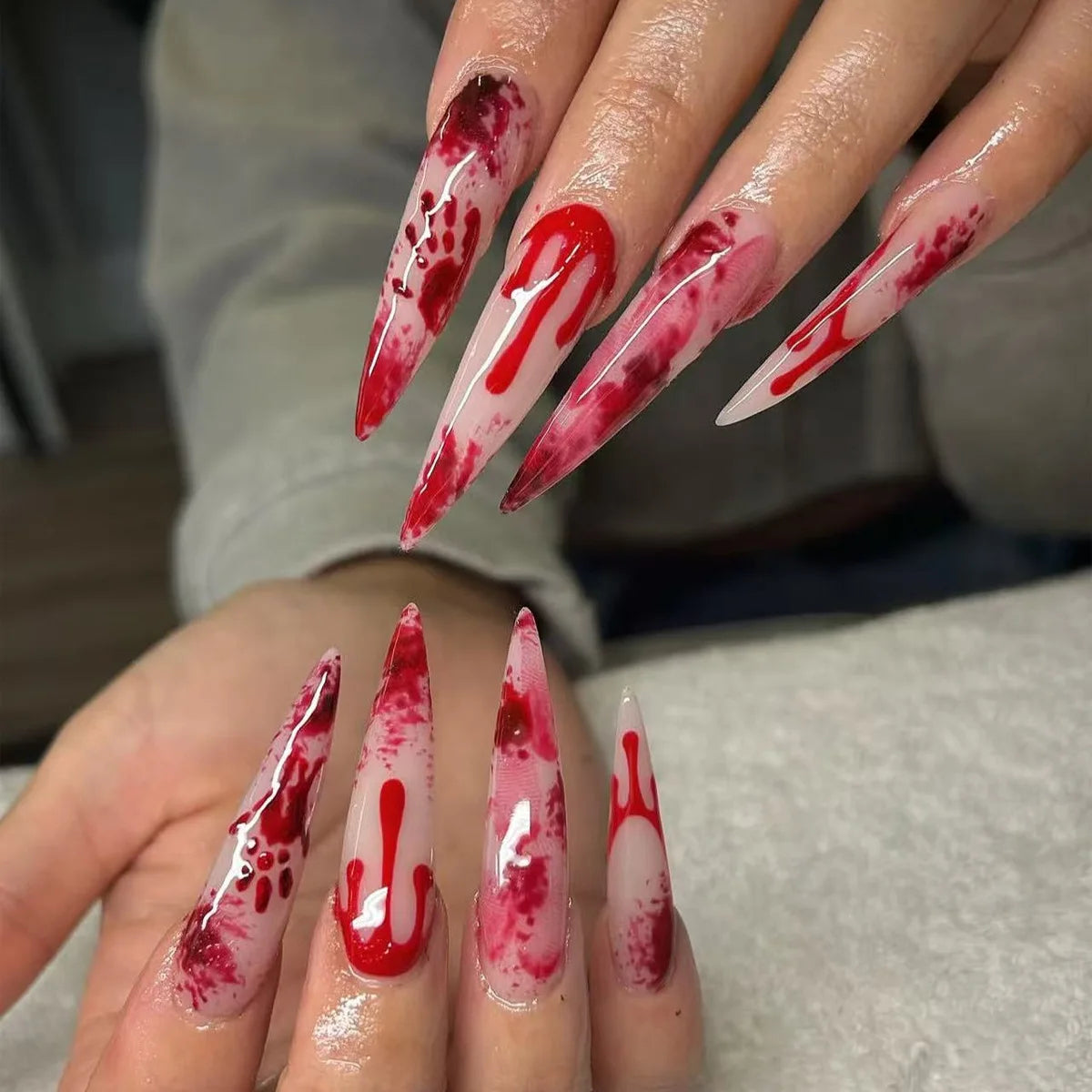 24Pcs Halloween Press on Nails Red Blood Design